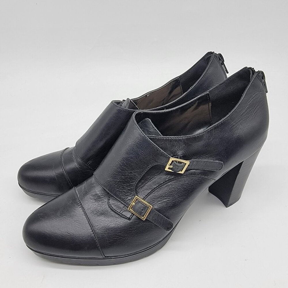 Bella Vita Leather Ankle Booties Heels Size 11 M Comfort Black Witchy Buckle